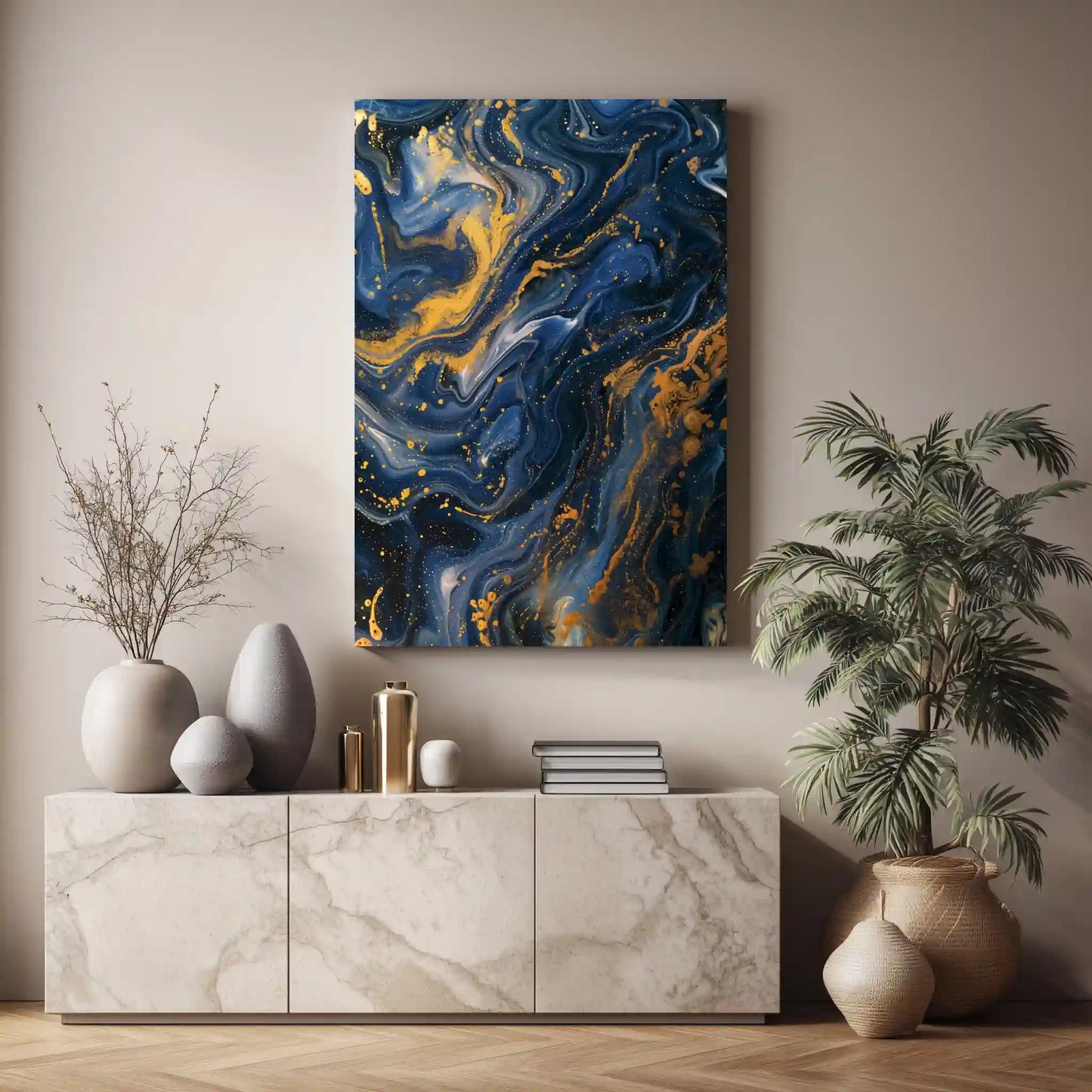 Exklusives Wandbild Kunstdruck Blau Gold Akzente Leinwand