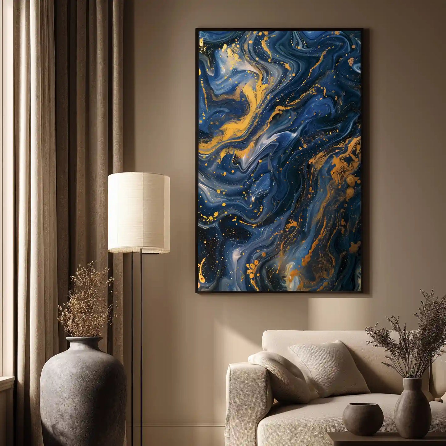 Exklusives Wandbild Kunstdruck Blau Gold Akzente Leinwand
