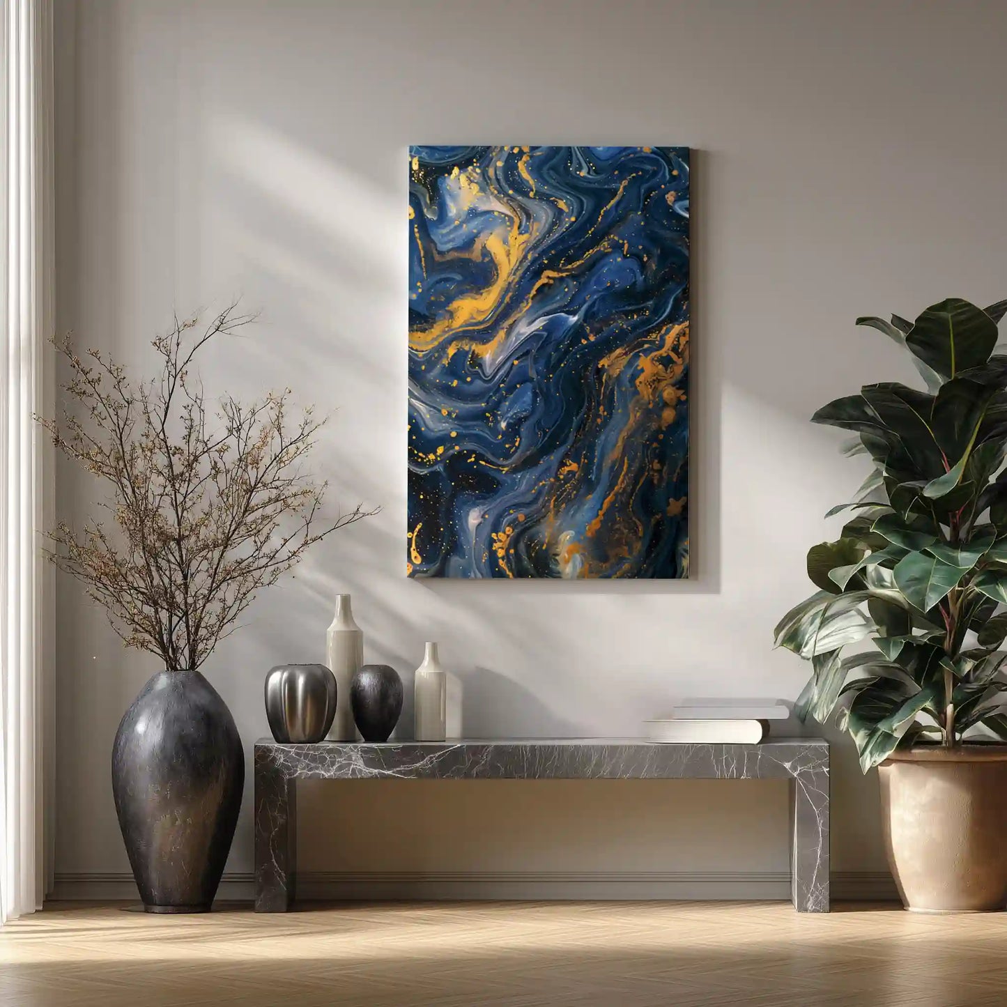 Exklusives Wandbild Kunstdruck Blau Gold Akzente Leinwand