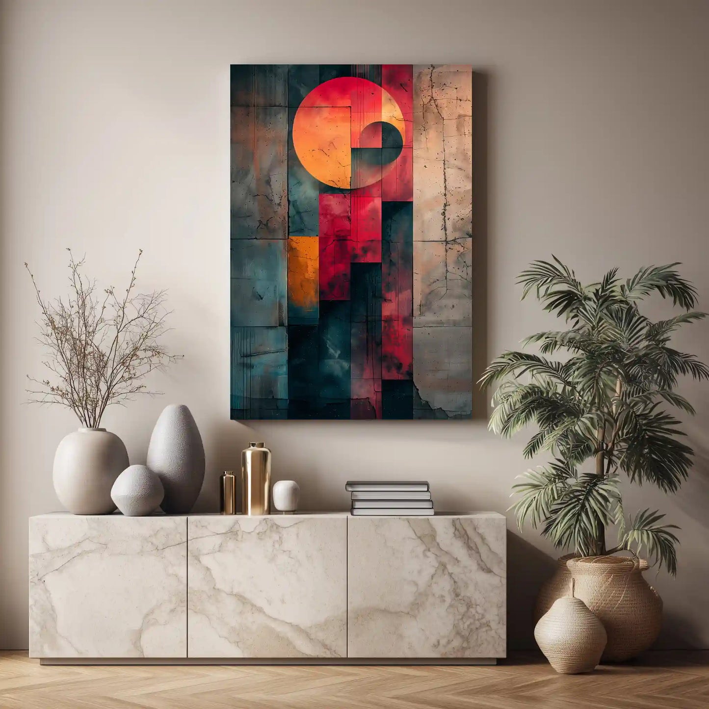Red Moon Tiles Wandbild Rot Schwarz Grau