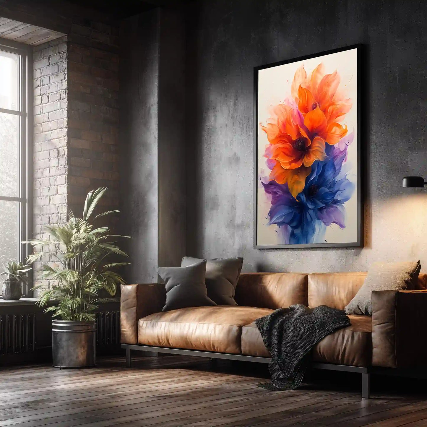Wandbild Blume in Blau/Orange