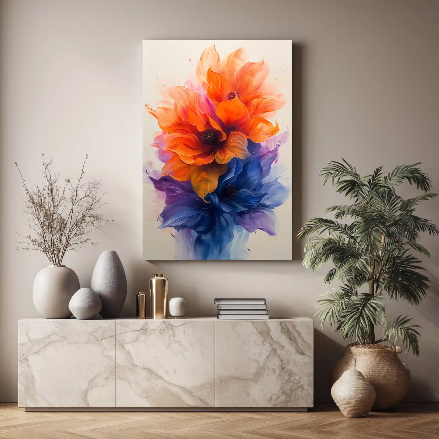 Wandbild Blume in Blau/Orange