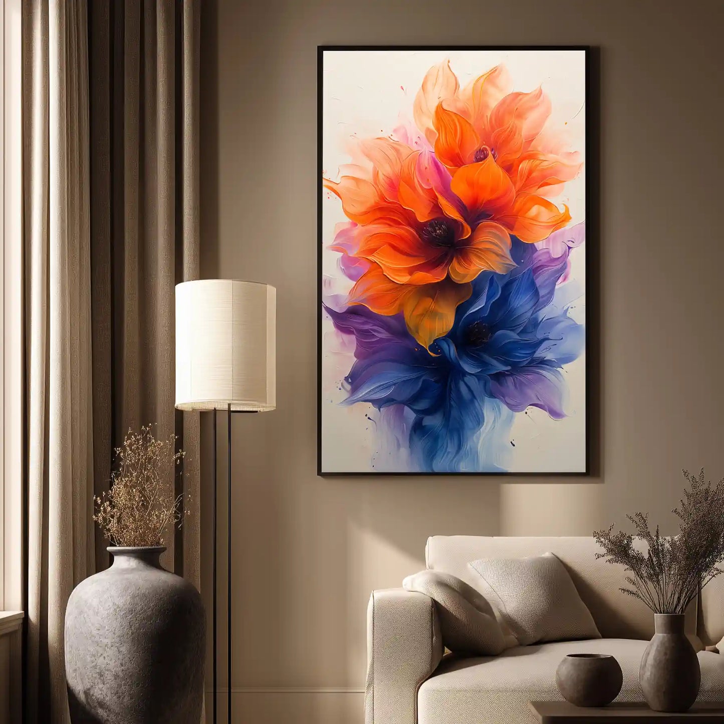 Wandbild Blume in Blau/Orange