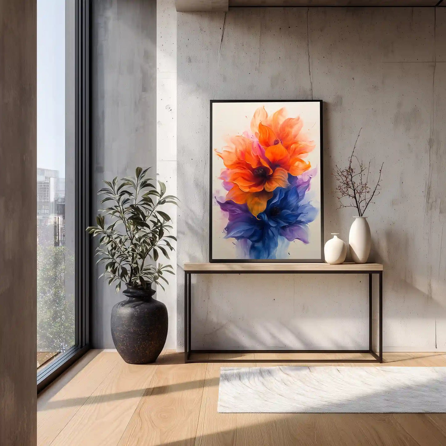 Wandbild Blume in Blau/Orange