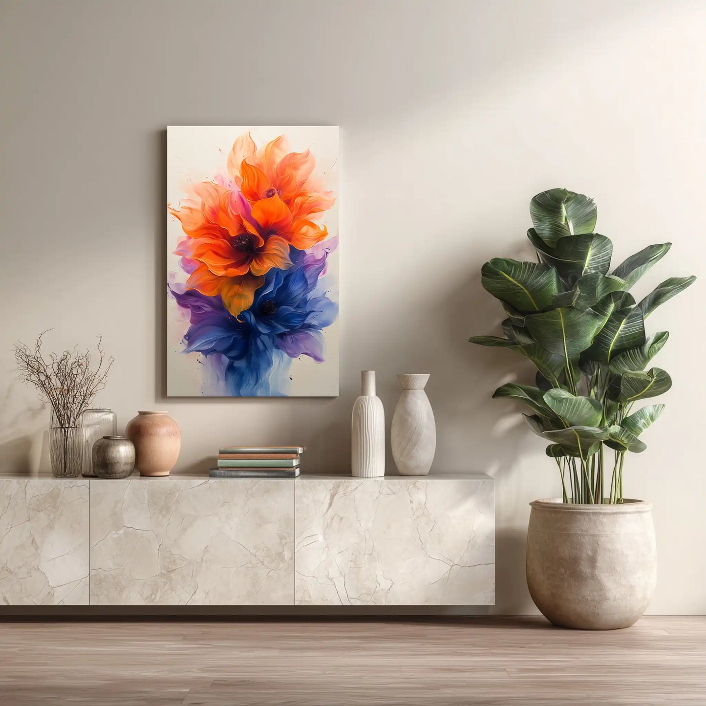 Wandbild Blume in Blau/Orange