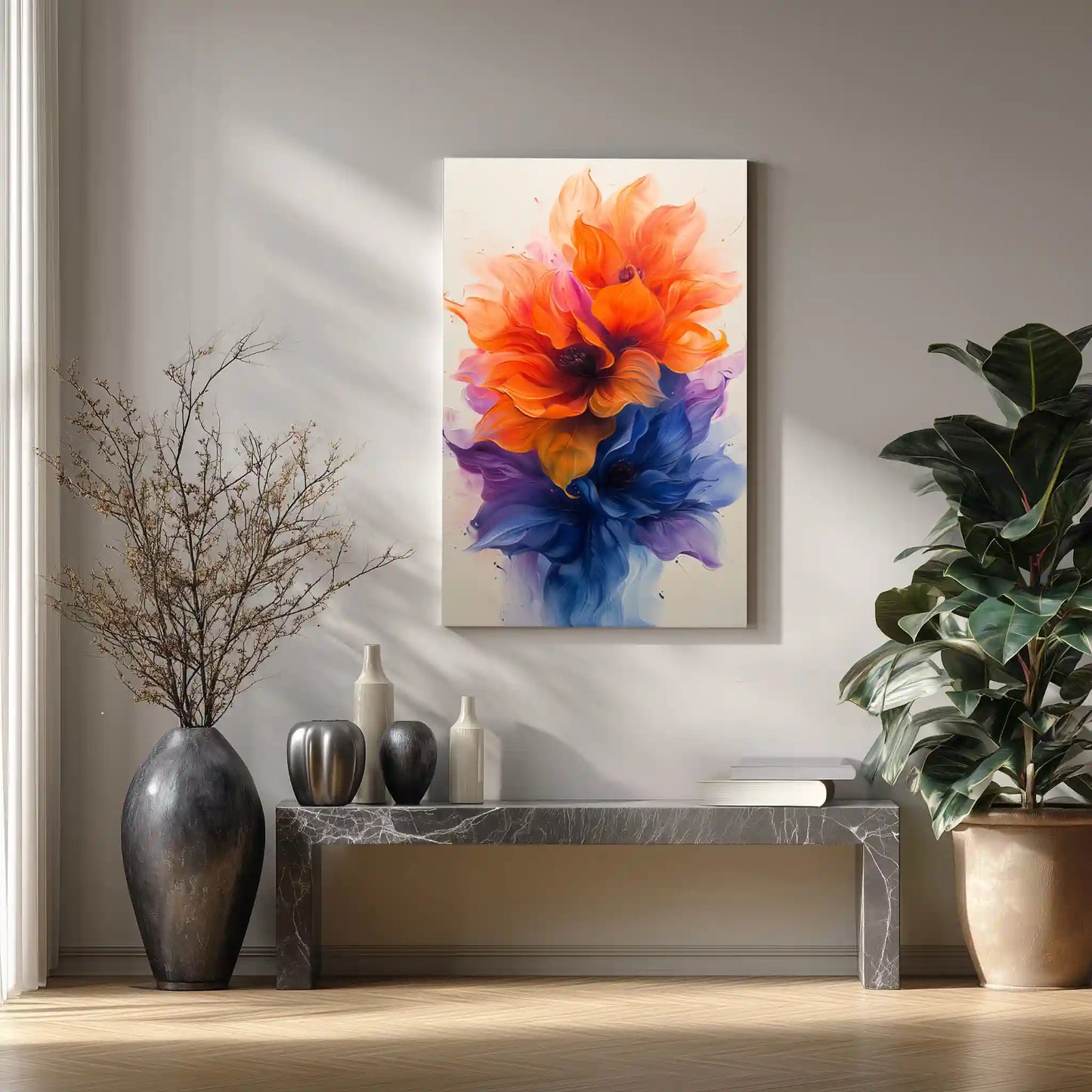 Wandbild Blume in Blau/Orange