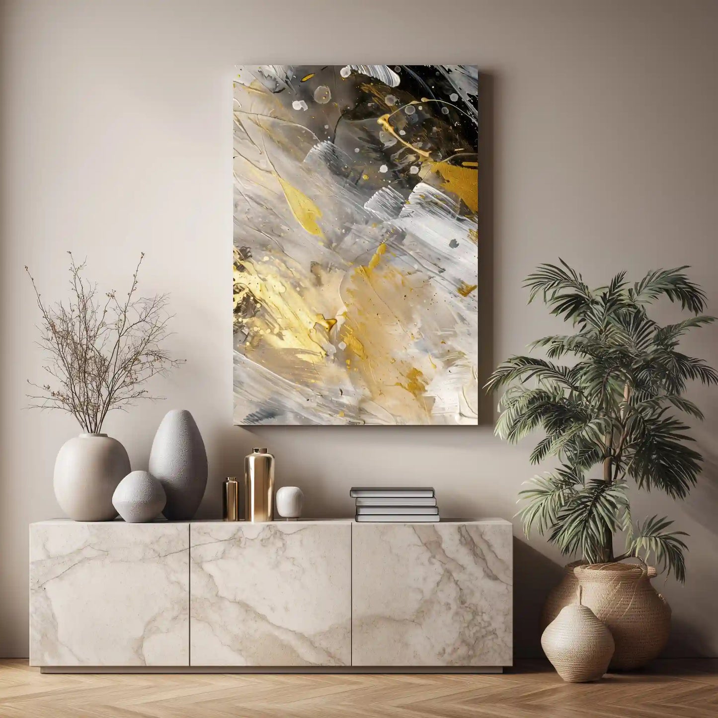 Wandbild Abstrakte Moderne Kunst Gold Akzente Grau Beige