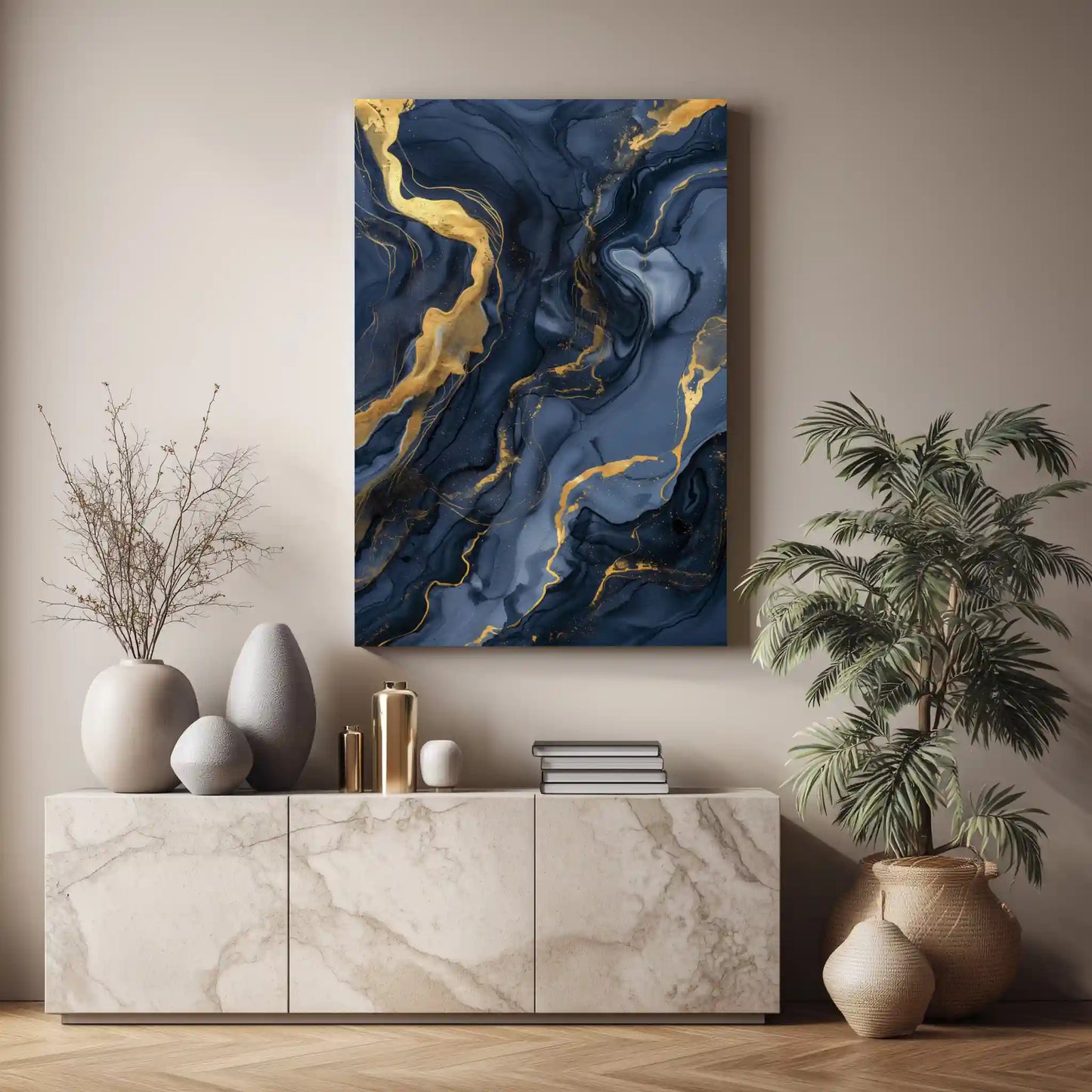 Wandbild Abstraktkunst Blau Gold Marmordesign Exklusiv