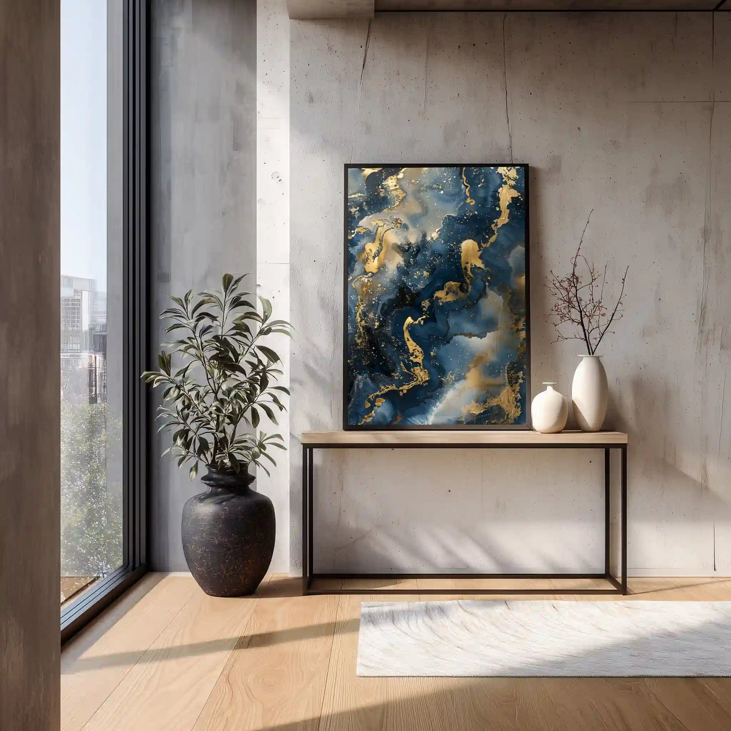 Wandbild Abstrakte Kunst Blau Gold Marmorlook