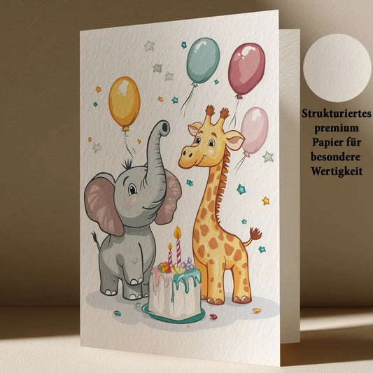 Grußkarte mit Elefant und Giraffe