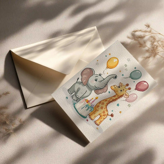 Grußkarte mit Elefant und Giraffe