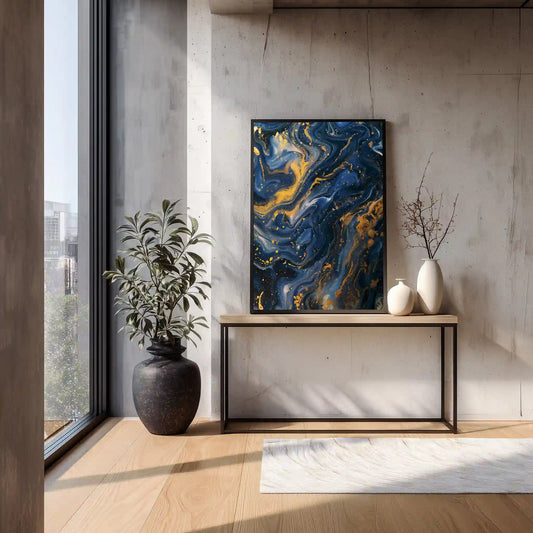Exklusives Wandbild Kunstdruck Blau Gold Akzente Leinwand