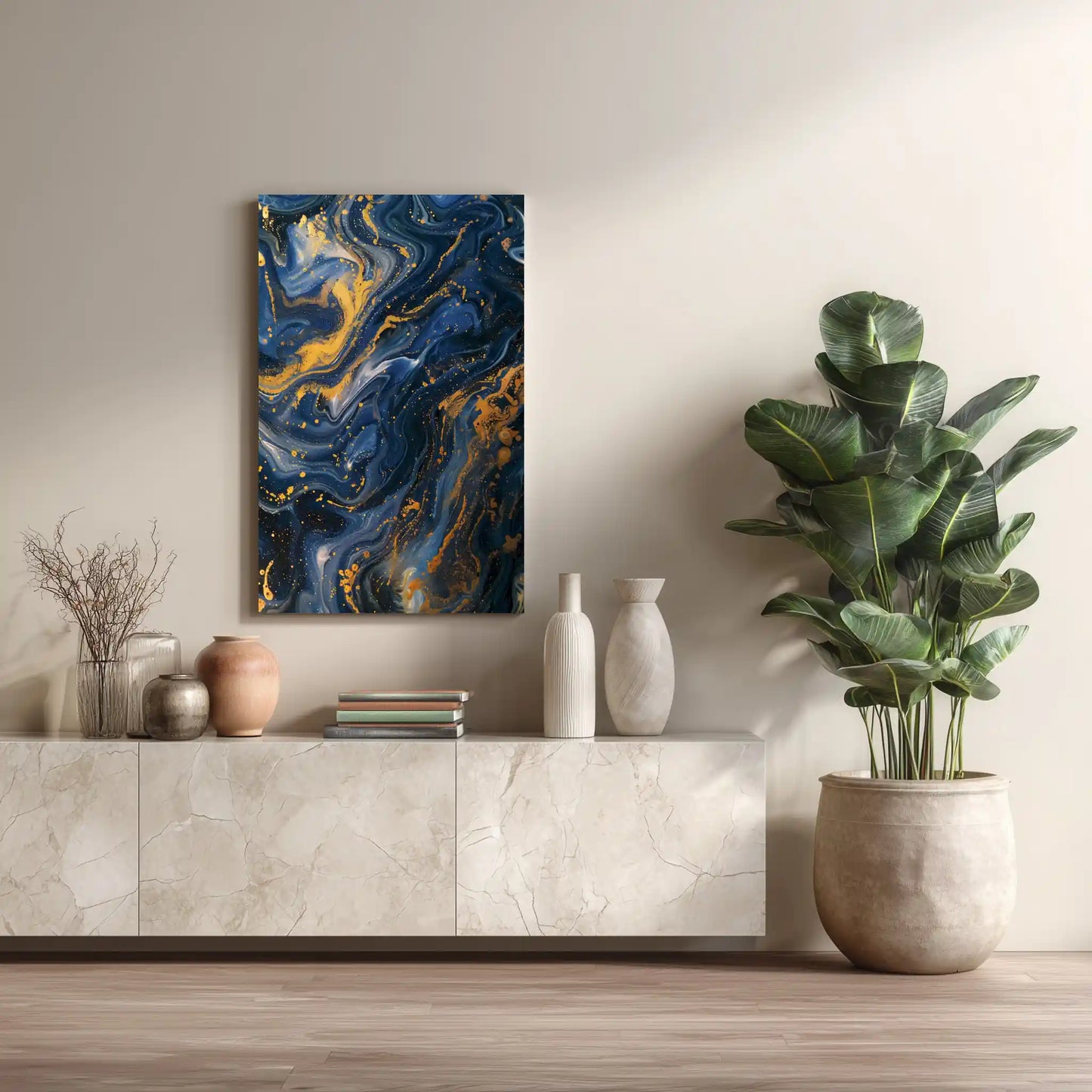 Exklusives Wandbild Kunstdruck Blau Gold Akzente Leinwand