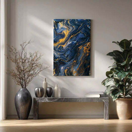 Exklusives Wandbild Kunstdruck Blau Gold Akzente Leinwand