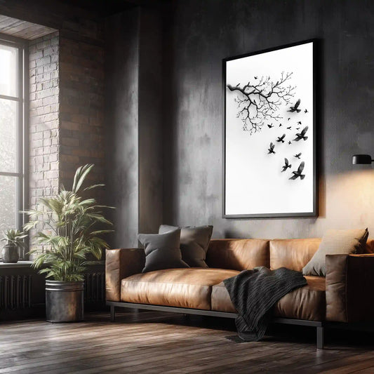 Exklusives Wandbild Kunstdruck Schwarze Vögel Am Ast