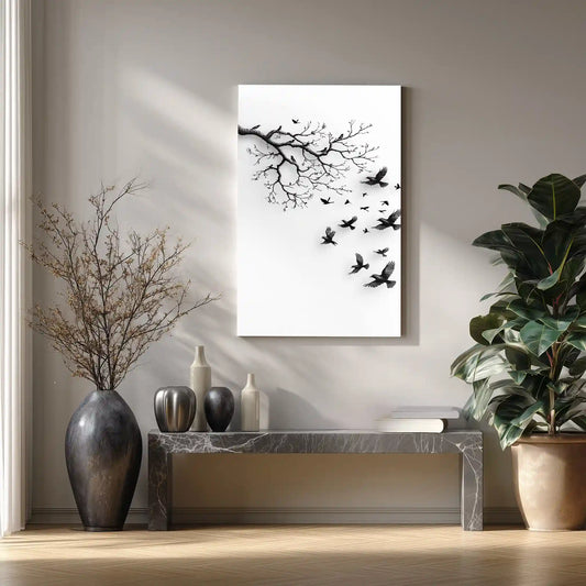 Exklusives Wandbild Kunstdruck Schwarze Vögel Am Ast