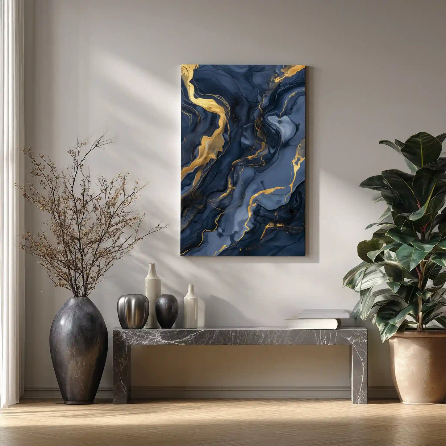 Wandbild Abstraktkunst Blau Gold Marmordesign Exklusiv