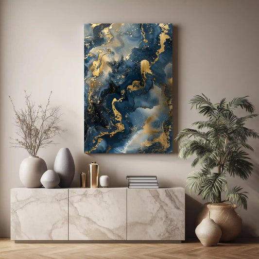 Wandbild Abstrakte Kunst Blau Gold Marmorlook