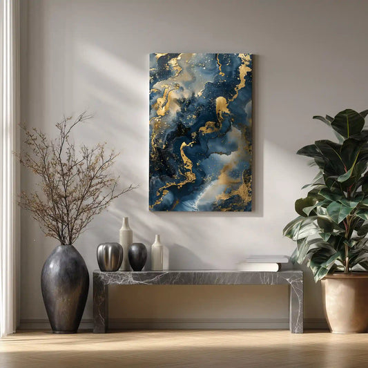 Wandbild Abstrakte Kunst Blau Gold Marmorlook